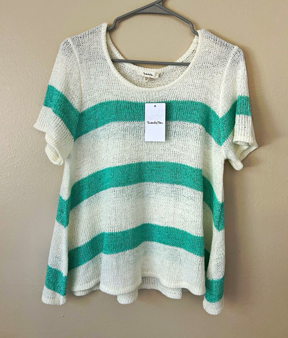 TwentyTen White/Green Striped Knit Pullover Sweater Short Sleeve Round Neck S/M